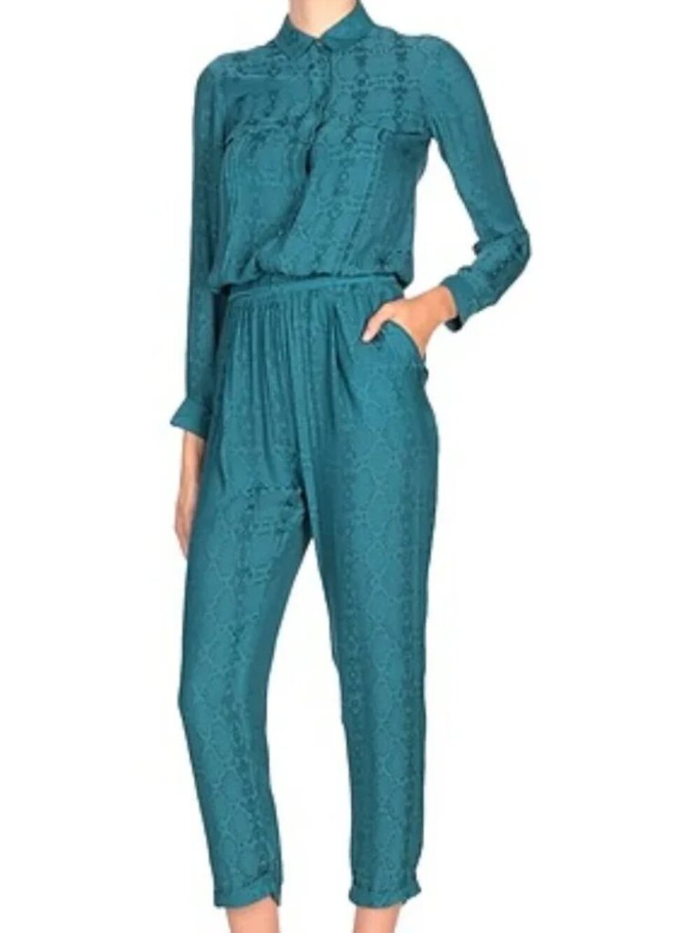 NWT PATRIZIA PEPE SILK JUMPSUIT WITH SNAKE PRINT, Emerald Color Italian Size 44